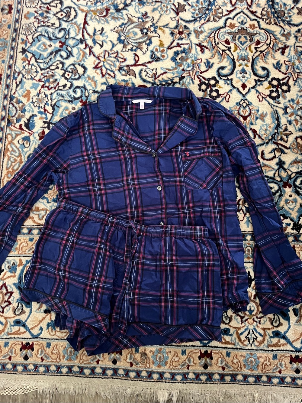 Victoria's Secret Navy Blue and Pink Plaid Pajama Set
